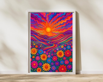 Stampa artistica di paesaggio retrò: montagne colorate e campo di fiori (download digitale)