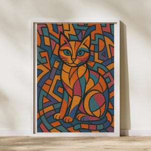 Colorful Geometric Cat Wall Art Printable – Abstract Cubist Style Cat Poster – Modern Mid Century Digital Download Home Decor