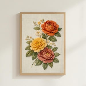 May include: A framed floral art print featuring a bouquet of roses in shades of orange, yellow, and pink. The roses are surrounded by green leaves and small white flowers, set against a textured beige background.