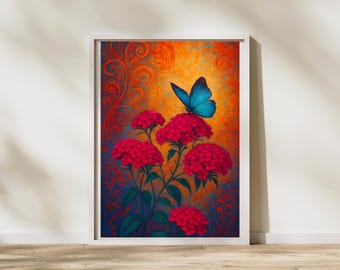 Jewel Tone Floral Print: Pink Flowers, Blue Butterfly (Digital Download)