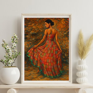 Boho Folk Wall Art Print Ethnic Woman Illustration – Colorful Textile Dress Digital Artwork – Vibrant Bohemian Cultural Fashion Decor
