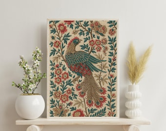 Impressão de tapeçaria de pavão: arte de parede de pássaro floral vintage (download digital)