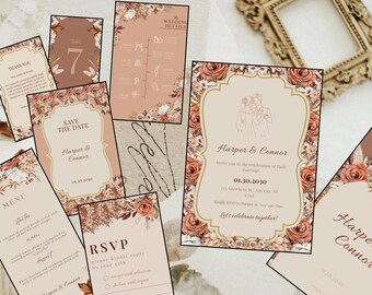 Rustic Boho Wedding Invitation Set – Editable Canva Templates – Dusty Rose Floral Suite – Printable Wedding Bundle