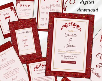 Romantic Red Rose Wedding Invitation Set – 8-Piece Printable Bundle with RSVP, Save the Date, Menu & More – Instant Download