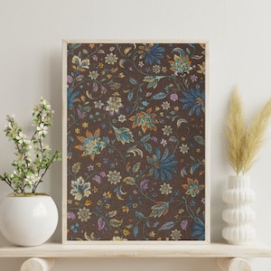 Vintage Textile Wall Art – Floral Tapestry Printable – Brown Fabric Pattern Art – Moody Botanical Digital Download Print