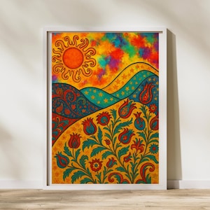 May include: A framed art print featuring a vibrant, colorful landscape. The artwork depicts a stylized sun, rolling hills with star patterns, and floral elements. The color palette includes orange, yellow, blue, and red.