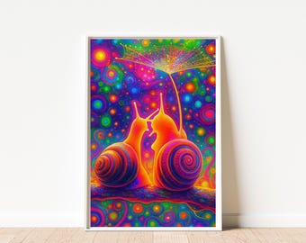 Walentynkowe wydruki, plakat z psychodelicznym ślimakiem: maksymalistyczna sztuka ścienna w stylu retro (do pobrania w wersji cyfrowej)
