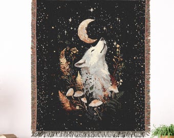 Celestial Wolf Woven Blanket - Whimsical Cottagecore Tapestry, Mystical Forest Howling Wolf Throw Witchy HomeDecor