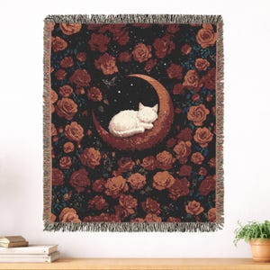 Dark Academia Blanket Whimsigoth Cat Woven-Cotton Tapestry - Gothic Roses Dark Cottagecore Throw Library Decor