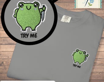 Camiseta bordada de rana dulce Pruébame - Camiseta bordada para amantes de las ranas, colores cómodos y animales, regalo acogedor