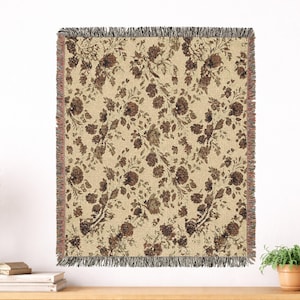 Geweven deken in olijfgroen met bloemenpatroon - Botanisch cottagecore wandtapijt, rustieke herfstdeken, woondecoratie, cadeau