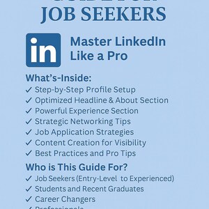 Puede incluir: Gráfico azul claro para una "Guía LinkedIn 101 para buscadores de empleo". Ofrece consejos sobre configuración de perfil, networking y estrategias de solicitud. Descarga digital instantánea en Etsy.