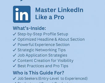 May include: A light blue digital download graphic titled "LinkedIn 101 Guide for Job Seekers." The guide includes tips for profile setup, networking, and job application strategies. It is available for instant download on Etsy.