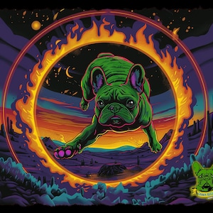May include: A vibrant illustration of a green French Bulldog leaping through a fiery ring. The artwork features a desert landscape with cacti under a colorful sunset sky. The Green Bulldog logo is in the lower right corner.