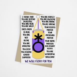 Biglietto d'auguri per l'orgoglio non binario e genderfluid - Combatteremo per te - Biglietto di supporto LGBTQ+ per pronomi non binari, genderfluid, NB, They/Them