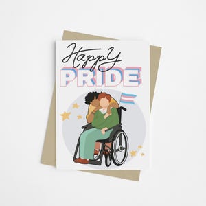 Bonne fierté trans en 2025 | Carte de fierté transgenre | Carte LGBTQ+ inclusive | Amour homosexuel interracial et handicapé