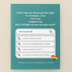 Biglietto "Come essere un alleato" / Biglietto divertente di supporto LGBTQ+ / Regalo di affermazione queer / Biglietto "Alleato dell'orgoglio" / Design a forma di cuore arcobaleno con ricerca su Google