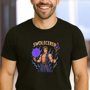 Swolecerer Mens Gym Shirt | Fantasy Wizard Workout Tee, Muscle Magic Fitness T-Shirt for Gamers, Lifters, and DnD Fans