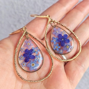 Pendientes de flores prensadas: lágrima de resina floral azul auténtica, flores azules - Nomeolvides, Lithodora Fruticosa