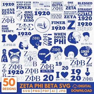 May include: A digital download graphic featuring 50 Zeta Phi Beta designs in blue and white. The designs include text, silhouettes, and the Greek letters ZΦB, with the year 1920 prominently displayed. The image also includes the text "Zeta Phi Beta SVG Digital Download."