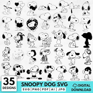 May include: A collection of 35 Snoopy dog designs in black and white. The image includes various poses and activities of the cartoon character. Text at the bottom reads "Snoopy Dog SVG" with file type options and "Digital Download".