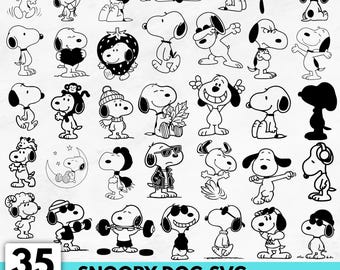 May include: A collection of 35 Snoopy dog designs in black and white. The image includes various poses and activities of the cartoon character. Text at the bottom reads "Snoopy Dog SVG" with file type options and "Digital Download".