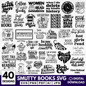 May include: A digital design with 40 book-related graphics in black and white. Includes phrases such as "Book Lover," "Smut Lover," and "I like my men fictional." Available in SVG, PNG, PDF, AI, and JPG formats for digital download.