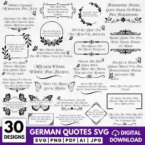 Può includere: Grafica digitale scaricabile con 30 citazioni tedesche in varie cornici decorative e accenti di farfalle. Il design include formati SVG, PNG, PDF, AI e JPG, ideale per progetti di artigianato.