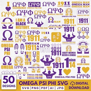Può includere: Un design digitale con grafica Omega Psi Phi in viola e oro. Il design include testo come "1911", "Omega Man" e "I Am A Black History". L'immagine include anche il testo "50 Designs" e "Omega Psi Phi SVG Digital Download".