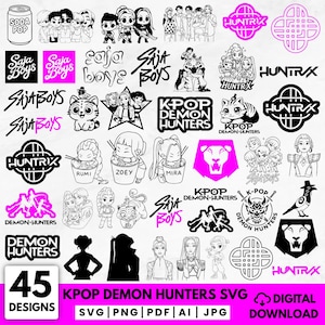 Peut inclure: Un ensemble de 45 motifs numériques sur le thème de la K-Pop, aux formats SVG, PNG, PDF, AI et JPG. Les motifs comprennent diverses illustrations, logos et éléments textuels, avec une palette de couleurs noire, blanche et rose. Le texte comprend "Saja Boys", "K-Pop Demon Hunters" et "Huntrx".