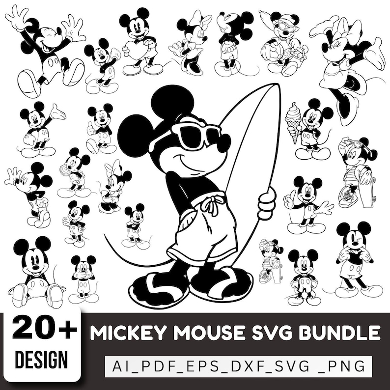 May include: A black and white Mickey Mouse SVG bundle with over 20 designs. The designs include Mickey Mouse in various poses, including one wearing sunglasses and holding a surfboard. The text "20+ DESIGN" is in a black box. The text "MICKEY MOUSE SVG BUNDLE" is below the Mickey Mouse images.