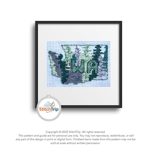 Può includere: Opera d'arte a punto croce incorniciata raffigurante il profilo dello stato di Washington, con le lettere "WA" ricamate al centro. Il disegno incorpora sfumature di verde, blu e grigio, raffiguranti una scena di foresta. L'opera è esposta in una cornice nera.