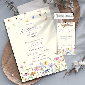 Convite digital de flores silvestres + cartão de agradecimento grátis, convite de primeiro aniversário com flores silvestres, convite floral editável de primeiro aniversário, festa no jardim
