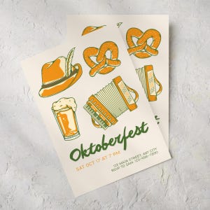 Może przedstawiać: Kremowe zaproszenie na Oktoberfest z pomarańczowymi ilustracjami kapelusza z piórkiem, precla, kufla piwa i akordeonu. Tekst zawiera napis Oktoberfest, Sat Oct 17 at 7 PM, 123 Main Street, Any City oraz RSVP to Sam, 123-456-7890.