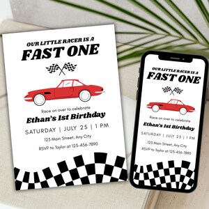 Fast One Race Car 1st Birthday Invitation Fast One 1st Birthday Invite Boy First Lap Racing Vintage Racecar Birthday Party Gender Neutral