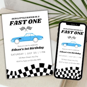Fast One Race Car 1st Birthday Invitation Fast One 1st Birthday Invite Boy First Lap Racing Vintage Racecar Birthday Party Gender Neutral