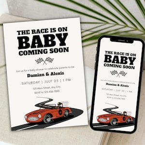 Rennwagen-Babyparty-Einladungsvorlage Racing-Babyparty-Einladung Vintage Car-Junge-Babyparty-bearbeitbare Einladungs-Baby-Dusche-Junge-Geburtstag