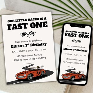 Fast One Race Car 1st Birthday Invitation Fast One 1st Birthday Invite Boy First Lap Racing Vintage Racecar Birthday Party Gender Neutral