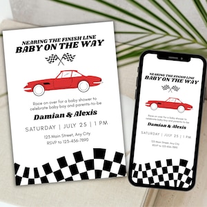 Rennwagen-Babyparty-Einladungsvorlage Racing-Babyparty-Einladung Vintage Car-Junge-Babyparty-bearbeitbare Einladungs-Baby-Dusche-Junge-Geburtstag