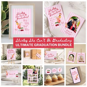 Kit per la festa di laurea "Shirley She Can't Be Graduating" / Invito a tema Shirley Temple per la laurea, Invito digitale vintage retrò a righe per la festa di laurea, modello di decorazione