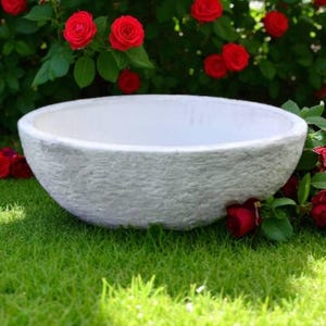 Peut inclure: Un grand bol blanc texturé, ressemblant à de la pierre, avec un design large et peu profond. Le bol est posé sur de l'herbe verte, entouré de roses rouges et de feuillage vert, créant une esthétique naturelle et extérieure.