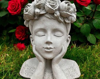 Girl Face Figure Concrete Flowers Pot Sculpture Flowers Planter Figurine Stone Woman Bust Decoration Garden Plants Pot Statue 11"H