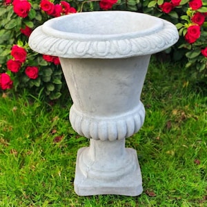 May include: A gray, ornate planter with a wide, decorative rim and a pedestal base. The planter is made of a stone-like material and sits on a bed of green grass, with red roses in the background.