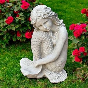 Detailed Mermaid Figure Concrete Mermaid On Base Statue Cement Marine Decor Outdoor Fairy Art Stone Sculpture Fairy Girl Gift Figurine 13&quot;H