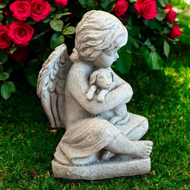 Angel Garden Statue Sitting Cherub With Dog Sculpture Outdoor Angel ...