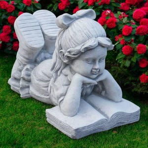 Reading Girl Outdoor Sculpture Laying Kid Garden Statue Stone Girl with Book Memorial Back to School Gift Figure Lawn Concrete Decor 13&quot;H