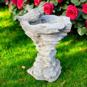 May include: A gray stone bird bath with a textured, layered design. Two bird sculptures perch on the rim of the bowl. The bird bath is set on a green lawn, with pink roses in the background.