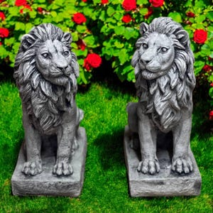 Painted Lions Statue Sitting Pair Of Lions Sculpture Detailed Garden Animals Cement Decoration Couple Of Guardian Lions Front Door Art 14&quot;H