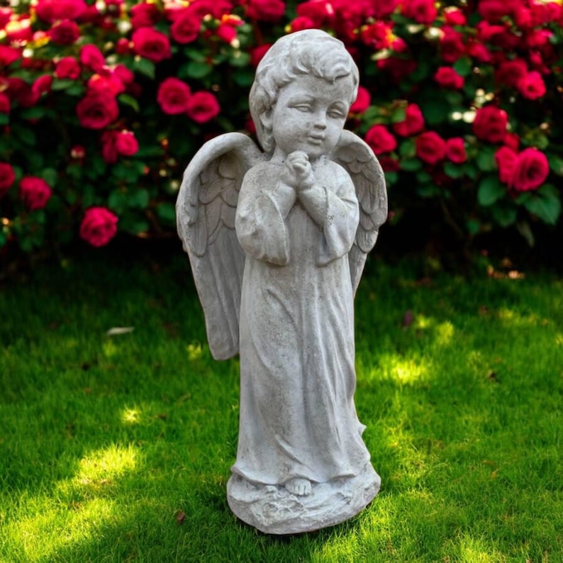 Standing Angel Figure Boy With Wings Statue Concrete Garden Patio Decor Cement Backyard Art Religious Style Sculpture Cherub Memorial 13"H image 7