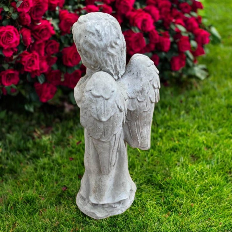 Standing Angel Figure Boy With Wings Statue Concrete Garden Patio Decor Cement Backyard Art Religious Style Sculpture Cherub Memorial 13"H image 6